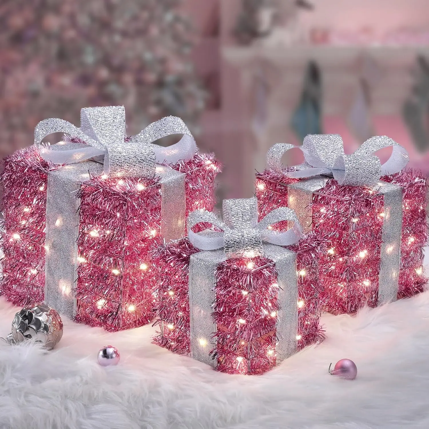 Lighted Pink Gift Boxes Set of 3 - Plug-in, 8 Lighting Modes, IP44 Waterproof, Ultra-Bright Beads, 3 Sizes for Layered Decor, Ideal for Parties, Festive Holiday Christmas Decor Ornaments (Home & Festive Party Supplies)