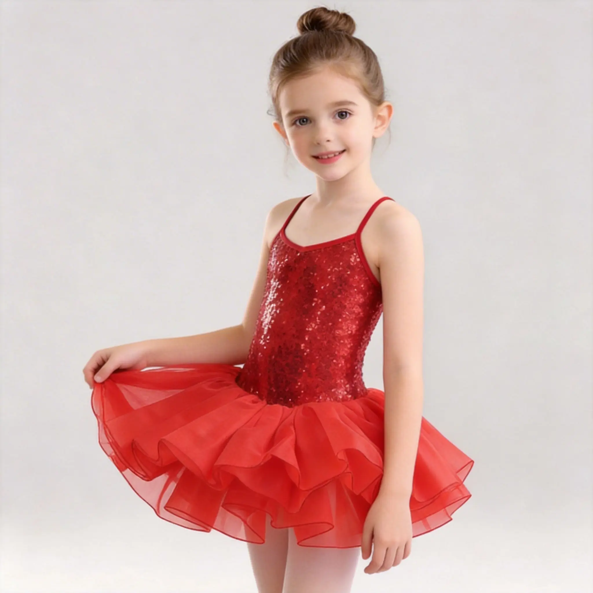 Girls’ Polyester Sleeveless Spaghetti Straps Ballet Leotard Practice Dress - Sequin, Double Mesh Layer, Convertible 1-Piece Gymnastics Performance Clothes Outfit