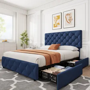 Full Size Bed Frame with 4 Storage Drawers and Adjustable Headboard, Blue Linen Upholstered Platform Beds, Diamond Stitched Button Tufted, No Box Spring Needed