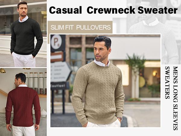 COOFANDY Men's Crewneck Knit Sweater Slim Fit Lightweight Casual Twist Patterned Cable Knitted Pullover