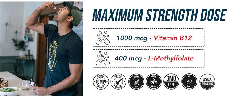 BioActive B12 1000 mcg - 3 Forms + Methylfolate | Sublingual, Cherry Flavor, Organic, Vegan (180 Servings) Healthcare Vitamin Fitness Edible