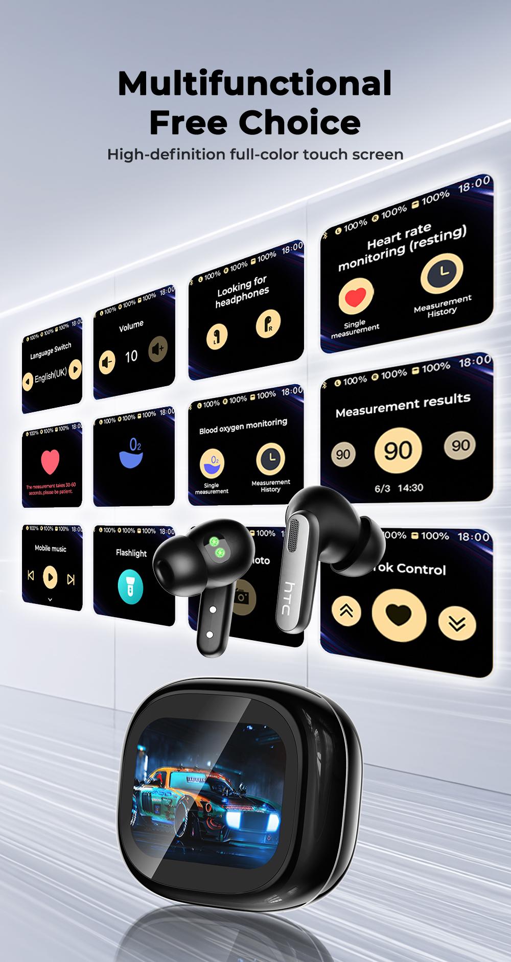 HTC Earbuds Wireless Earbuds, Bluetooth 6.0 Earphones, Heart Rate Monitoring Earbuds, Sports Headphones With Microphones, LED Display High Fidelity, Suitable for Office, Sports, Study and Audio Calls, Active Noise Cancellation