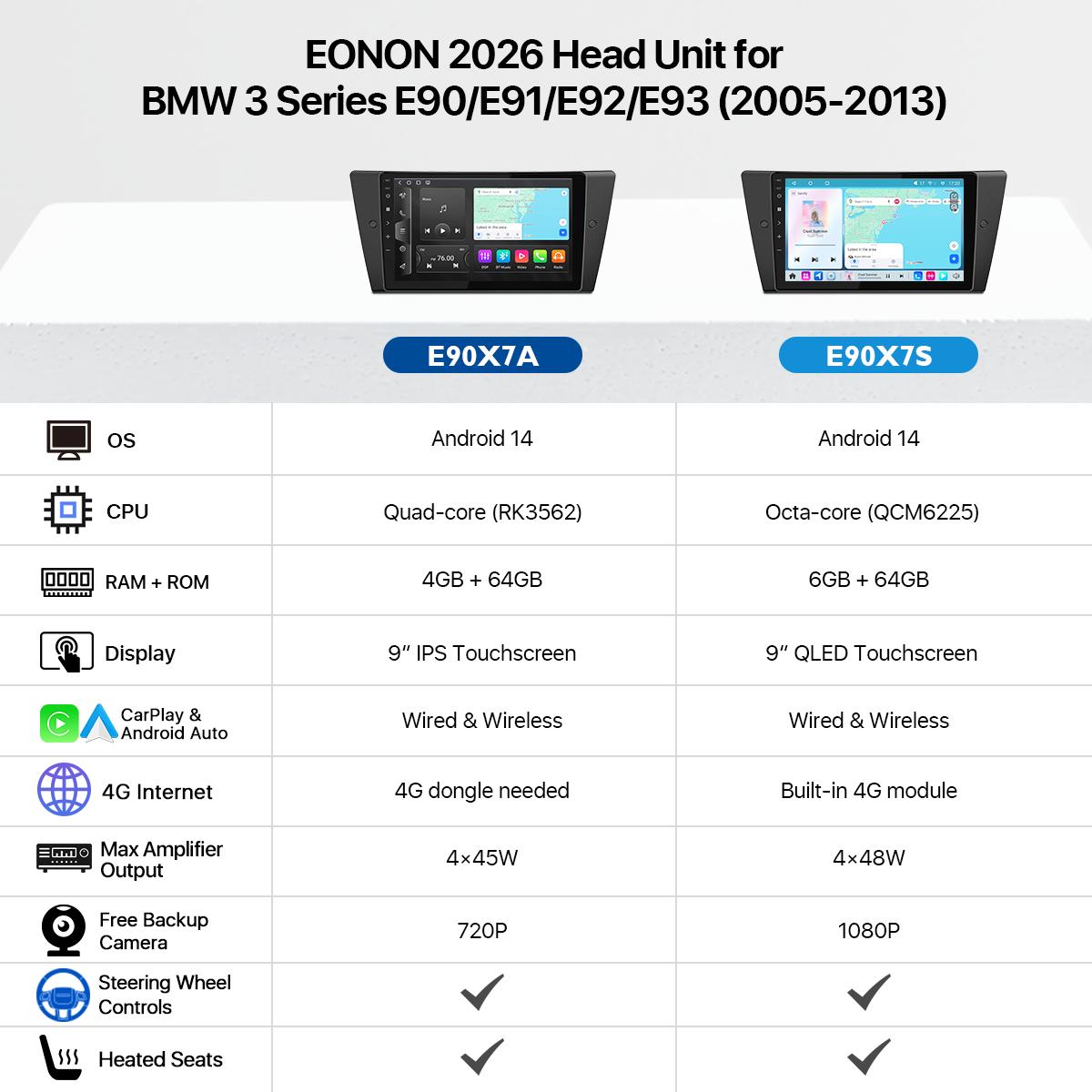 EONON Car Stereo for BMW 3 Series 325i, 328i, 330i, 335i (E90, E91, E92, E93) 2005-2013, BMW M3 2007-2012, Wireless CarPlay & Android Auto Car Radio, 9" Android 14 Touchscreen Head Unit, Bluetooth, GPS, Wi-Fi, Sub, SWC - E90X7A