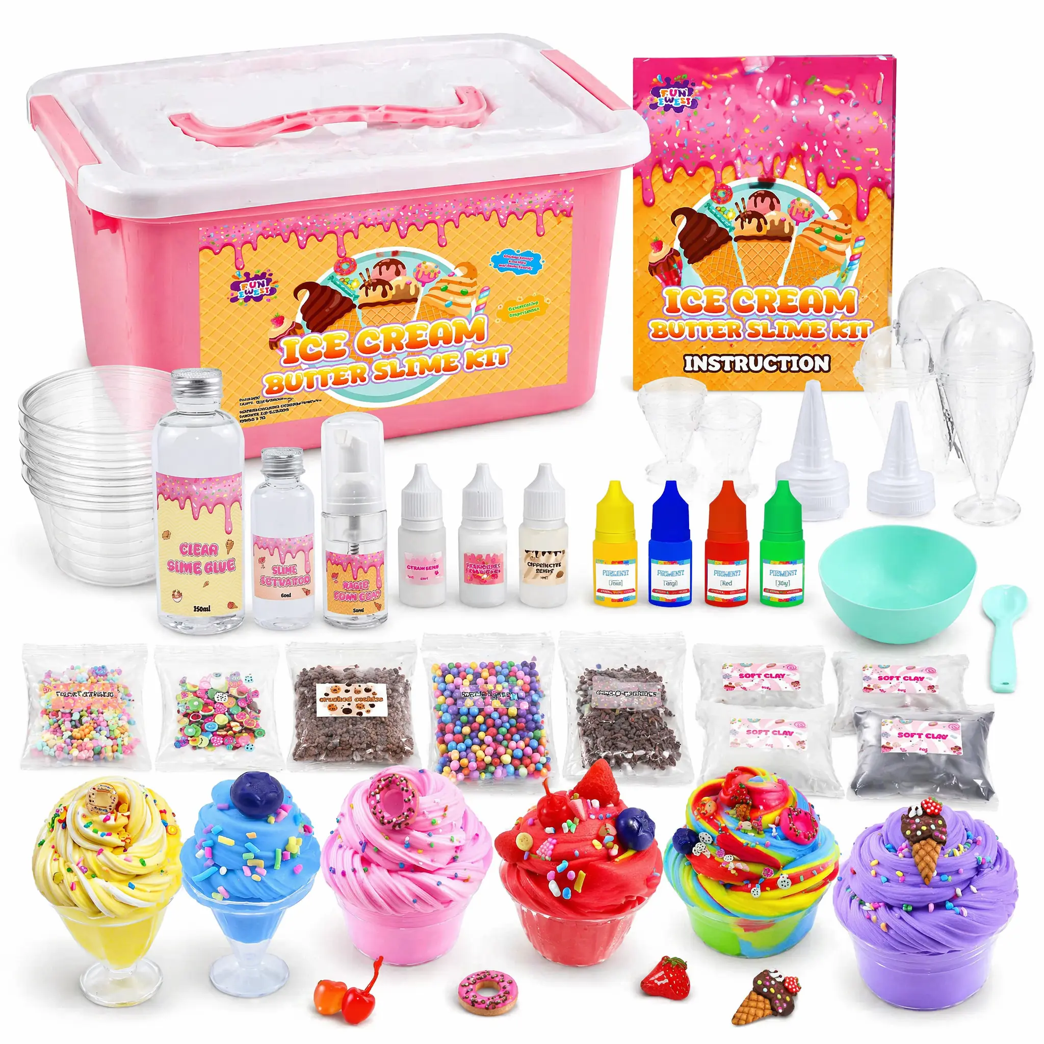 FUNEWEST Squishy Maker Kit Ice Cream Slime Set with 3 Sweet Scents, Sprinkles & Soft Clay - 30+ PCS Kids DIY Craft, Decompression Squishy Sensory Products, Non-Sticky Stress Relief Toy, Little Gifts for Girls Ages 8-12
