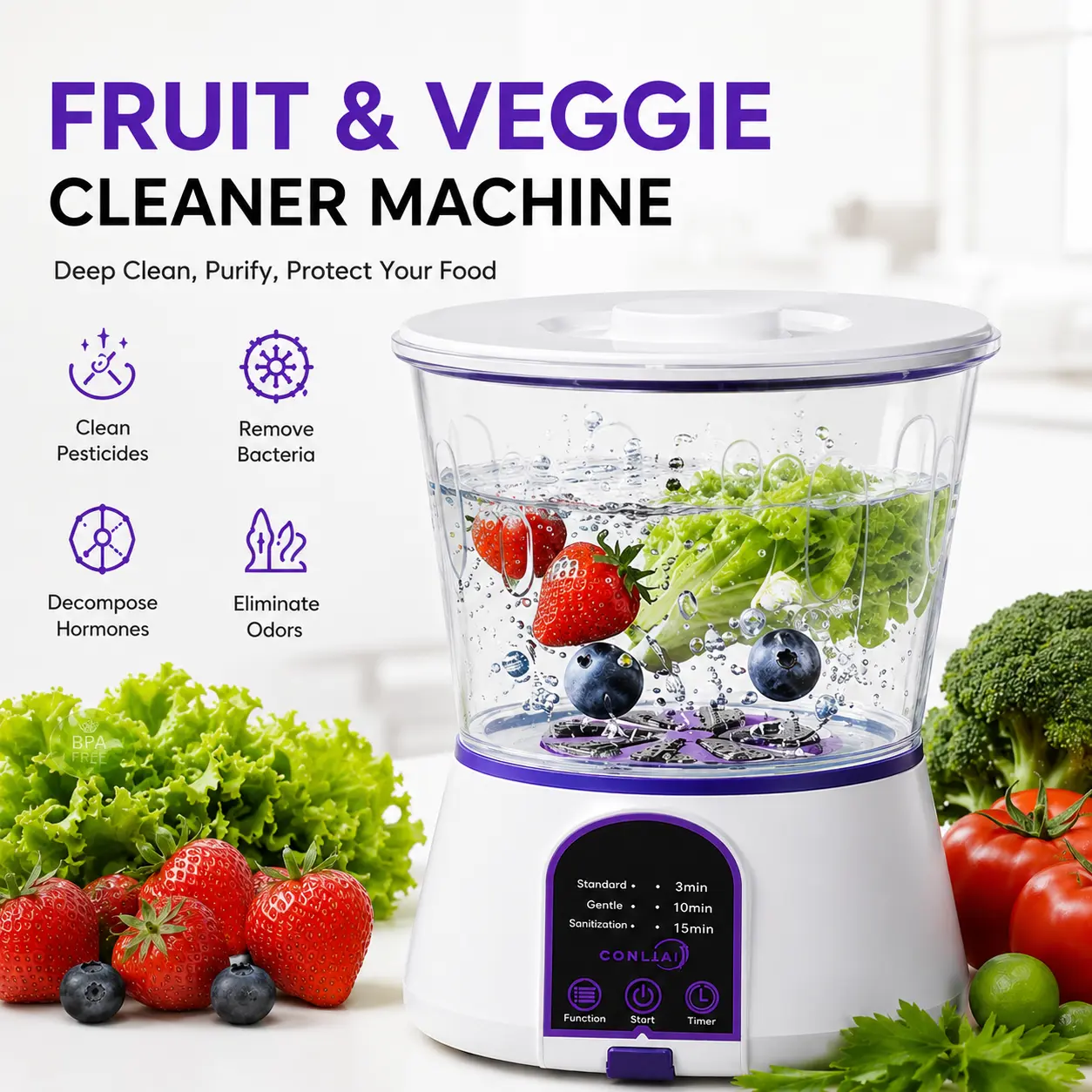 CONLILA Fruit & Vegetable Cleaner - 3-Mode Electrolyzed Water Produce Sanitizer, BPA-Free Gentle Electric Purifier with Rotating Brush, Timer Function for Meat and Seafood Deep Cleaning