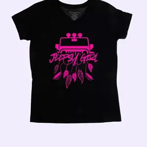 Jeepsy Girl Dreamcatcher V-Neck T-Shirt - Pink Jeep Grille & Feather Design - Casual Tops for Women - Breathable Fabric Aesthetics Boho Elegance Style