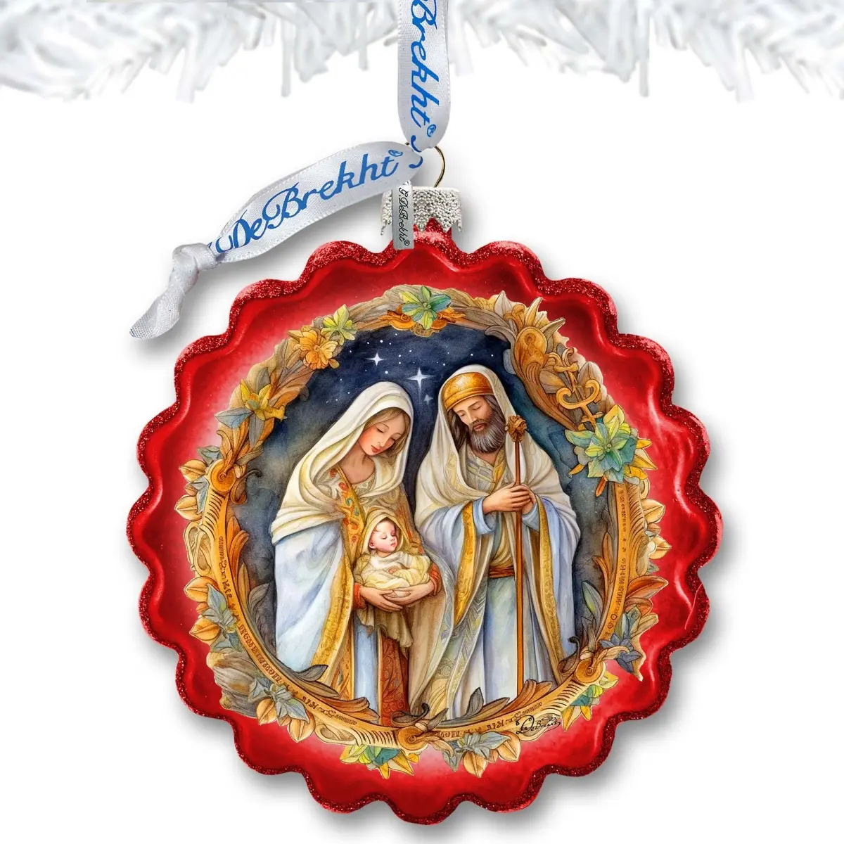 Designocracy 759-059 Handpainted Religious 4 x 3 in. Classic Holy Family Nativity Wreath Satin Glass Ornament, Boxed Holiday Christmas Tree Decoration for Festive Home Decor