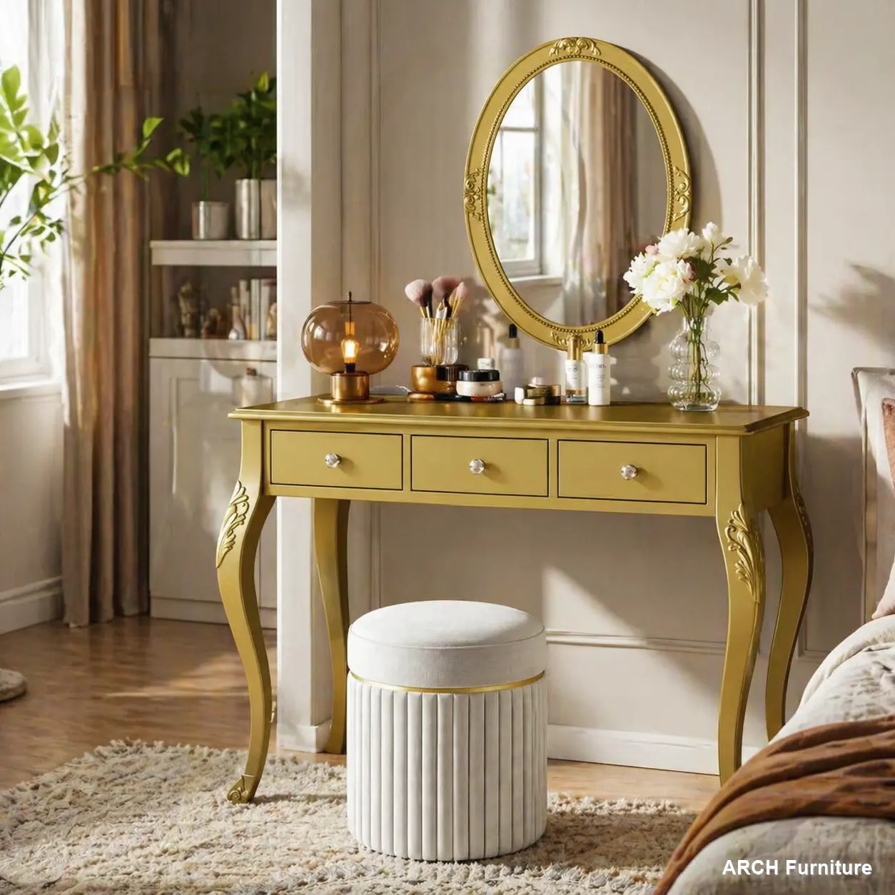 Vintage Floral Engraved Vanity Makeup Desk with Oval Mirror, 3 Jewelry Storage Drawers, 41x17.5in Curved Legs, Elegant Gold Indoor Furniture, Room Decor for Women’s Bedroom Console Table, Stylish Makeup Vanities, Multi-Drawer Makeup Vanities