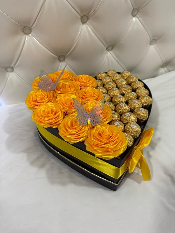 Luxury Heart Box with Ferrero - Yellow Roses, Gold Ferrero Chocolates, Butterfly Accents, Elegant Floral Design