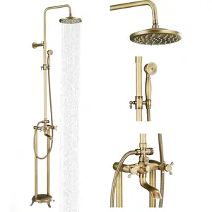 Outdoor Shower Faucet Set 8 Inch Rainfall Showerhead Triple Function Antique Brass Wall Mount Stainless Steel Shower Faucet System Set with Hand Spray