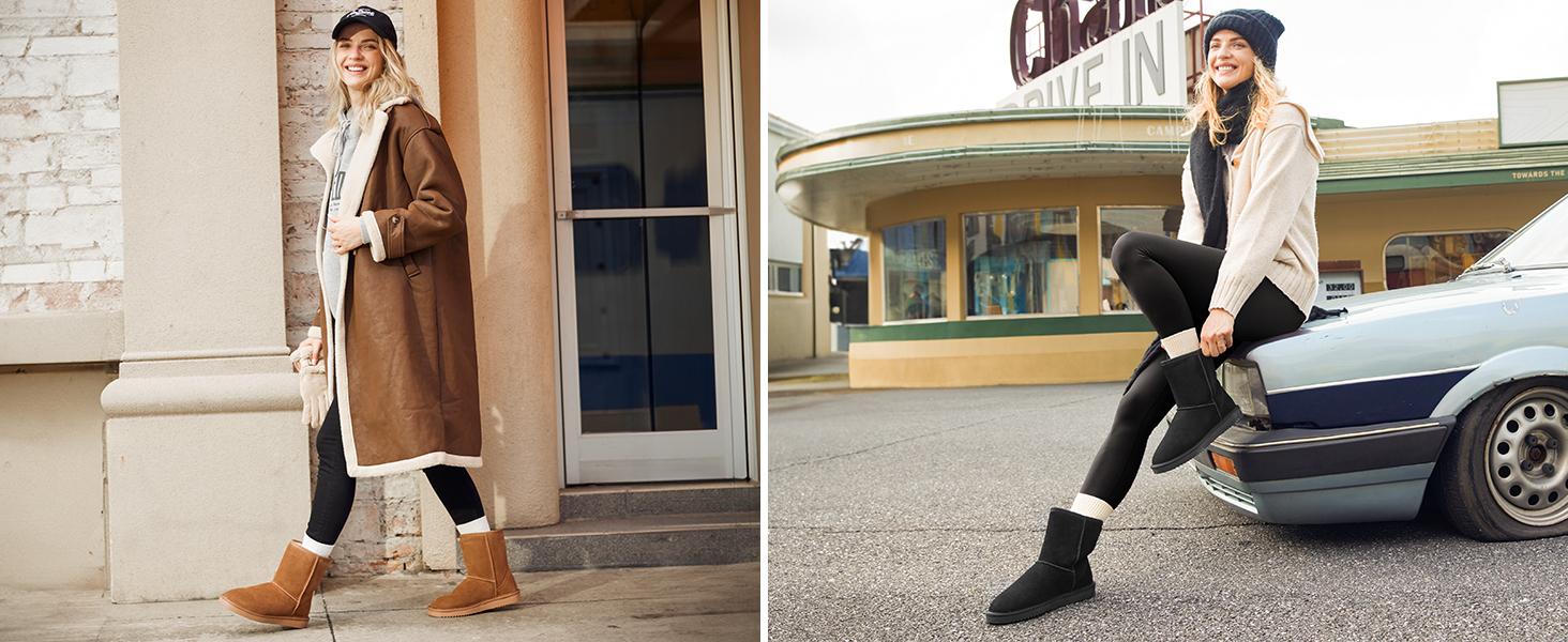 DREAM PAIRS [FuzzyClassic]  Mid Boot Women's Shorty-New Mid Calf Winter Snow Boots Slip On Fur Lining Memory Foam Comfort Short Ankle Boots