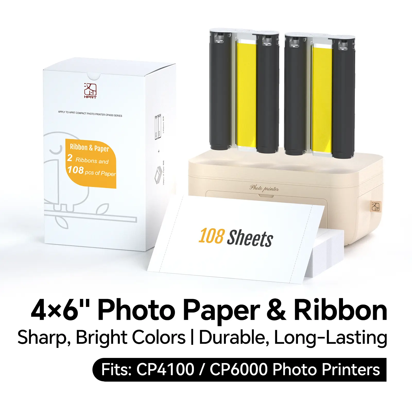 108 Sheets 4x6" Photo Paper & 2 Ribbons Refill Kit for Hanin CP4100/CP6000, Dye-Sublimation Glossy Photo Paper, Printer Not Included summerwins
