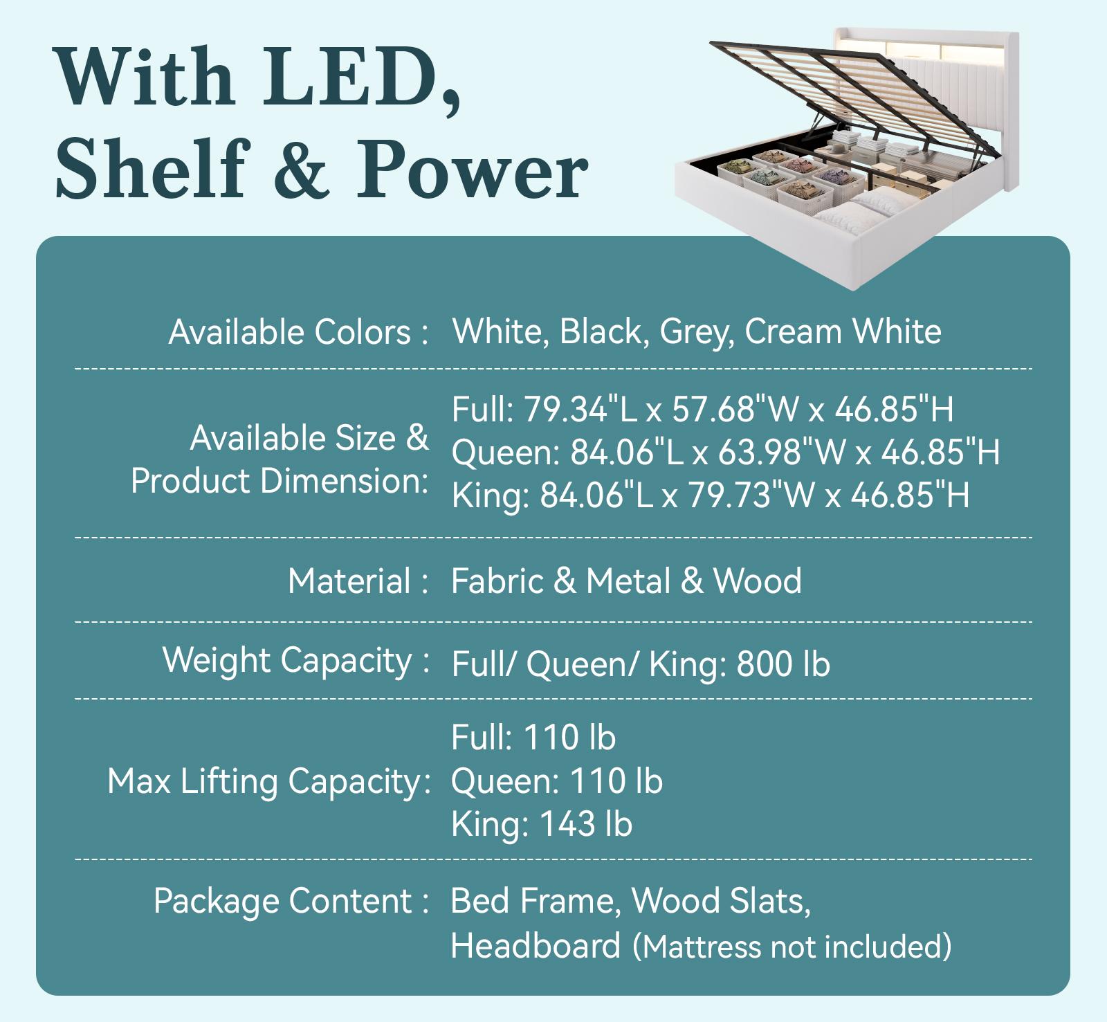 HOOMIC Full Queen King Size Lift Up Storage Bed Frame with Charging Station, Featuring a Storage Shelf Headboard with USB and Type-C Ports, Hydraulic Support, Velvet Upholstery, and No Box Spring Needed, Grey Black White Cream White