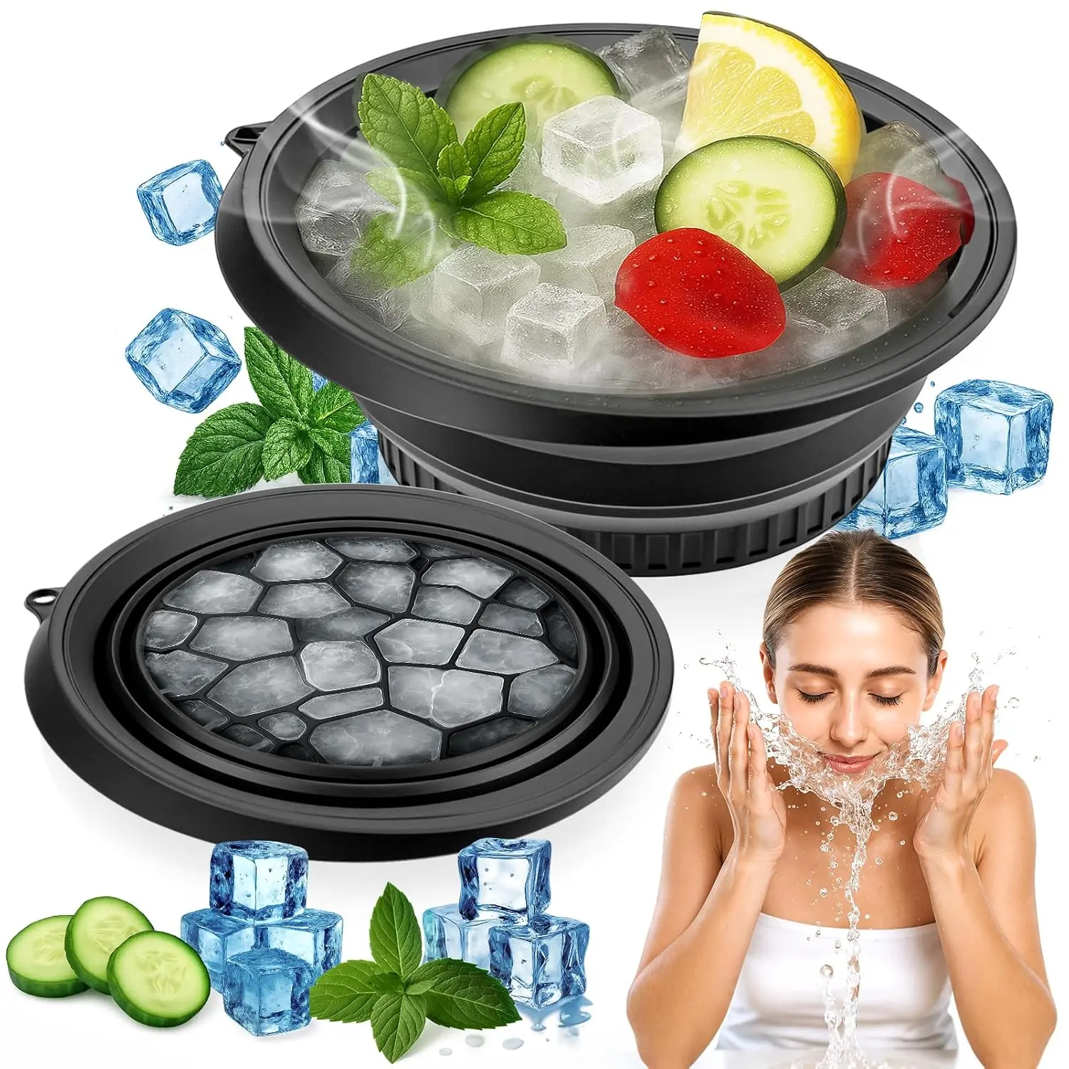 Foldable Ice Bath Basin, Portable Facial Cooling Bath Shrinking Pores & Beaty Treatments, Silicone Foldable Ice Bath Basin Built Ice Tray