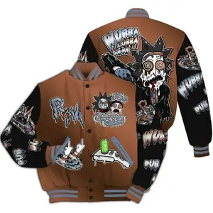 Riick And Mortyy Wubba Lubba Dub Dub Baseball Jacket, Trippy Cartoon Graphic Outerwear For Men Women, Psychedelic Art Print, Warm Winter Bomber Jacket