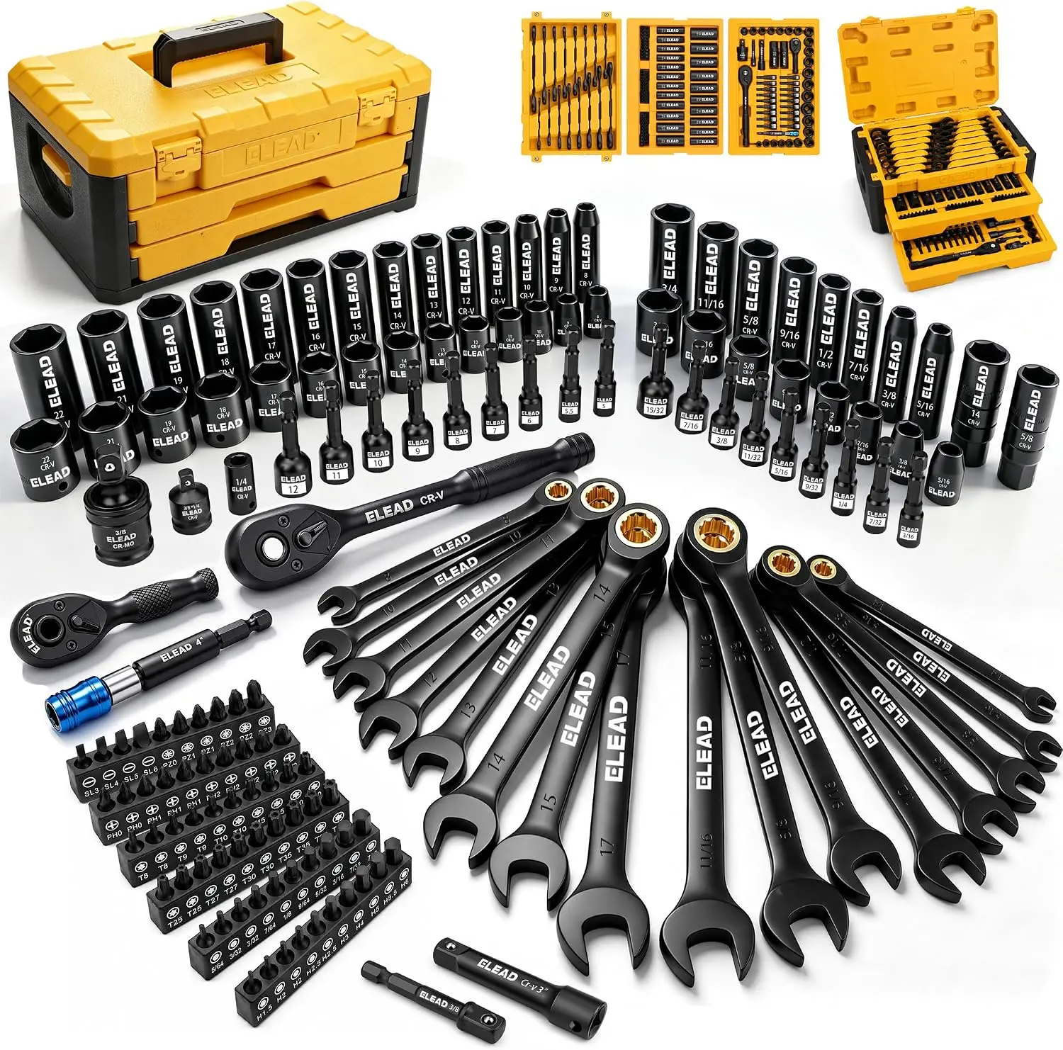 148-Piece Mechanics Tool Set - Tools and Gadgets with SAE/Metric 1/4"-&3/8"-Drive Sockets, Magnetic Nut Drivers, Ratcheting Wrenches, Extensions, Adapters, Quick-Release Ratchet for Car Repair