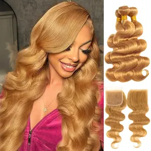 AUROO 12A Honey Blonde Body Wave 100% Human Hair Bundles with Closure, Color #27 Sun-kissed Vibe Golden Blonde Body Wave HD Transparent 4x4，5x5, 13x4 Closure with 3 Bundles ,Single Bundle Soft Thick  Weave Wavy Human Hair Bundles