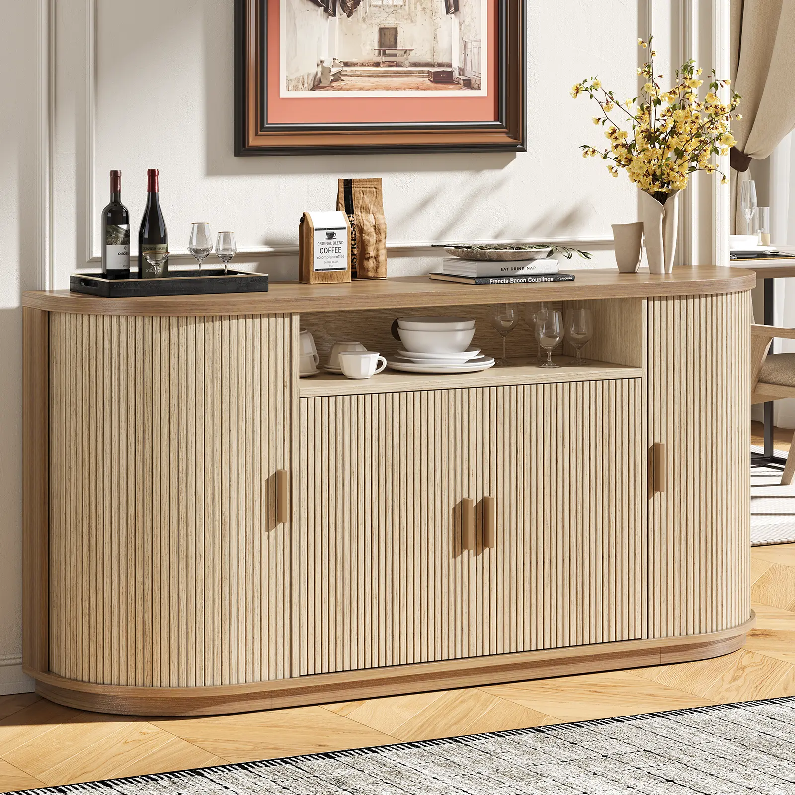 【SummerFinds】ONBRILL 63" Sturdy Buffet Cabinet with Fire Safety Label, Modern Fluted Accent Credenza with Sliding Doors, Regular Door, Drawers, Adjustable Shelves, Storage Wood Console Table for Kitchen, Living Room Decor