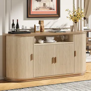 ONBRILL 63" Sideboard Buffet Cabinet with Storage, Modern Fluted Accent Credenza with Sliding Doors, Drawers and Adjustable Shelves, Wood Coffee Bar Console Table for Kitchen, Living Room, Enrtyway