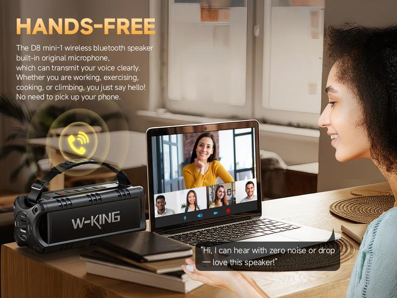 W-KING 60W Peak D8 Mini Portable Bluetooth Speaker, IPX6 Waterproof, 30W Wireless, 24-Hour Playtime, Powerful Bass, NFC, TF Card, USB Playback, Built-in Mic, AUX-IN, for Home, Outdoor Adjustable Subwoofer