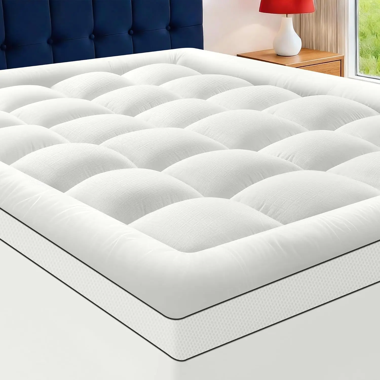 Cooling Plush Mattress Pad - 1000GSM Ultra Thick, Polyester Down Alternative Fill, Back Pain Relief, 8-21 in Deep Pocket Fit for Couches & Beds, Polyester Fill
