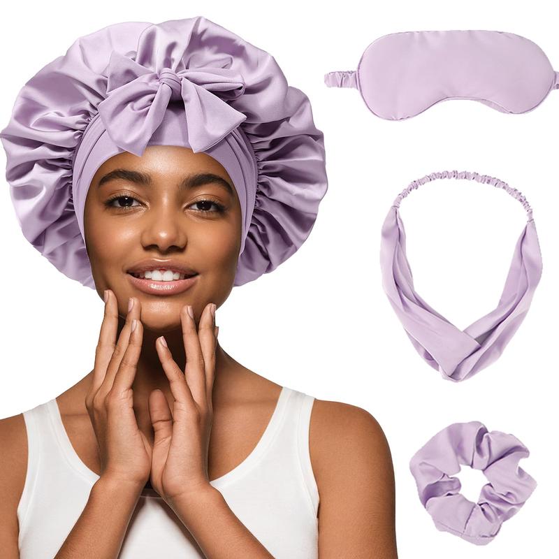 AWAYTR Single Layer Satin Bonnet Eye Mask Hairband and Hair Ring 4Pcs/Set for Women Silk-Like Nightcap for Sleeping with Tie Band Hair Care Sleep Cap TikTokShopBlackFriday