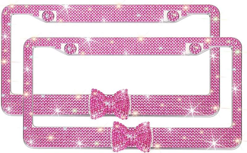 2 Pack Bling License Plate Frame，Handcrafted Bling Rhinestone Premium Stainless Steel License Plate Frame，14 Facets Clear Color Rhinestone Crystal (Pink&Pink-Bow)
