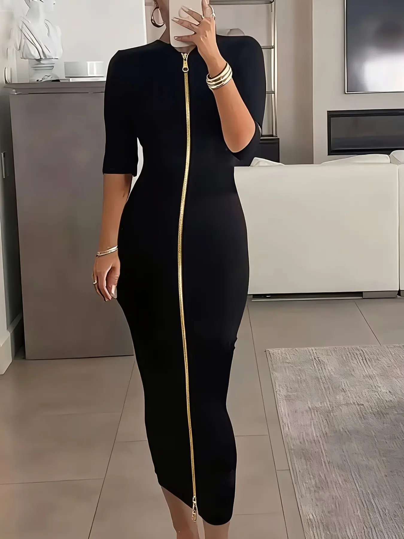 Women's Solid Color Half-Sleeve Dress, Zippered Slim-Fit Design for Spring, Summer & Fall, Elegant Evening Party Dress for Formal Wear, Elegant Fashion Dress