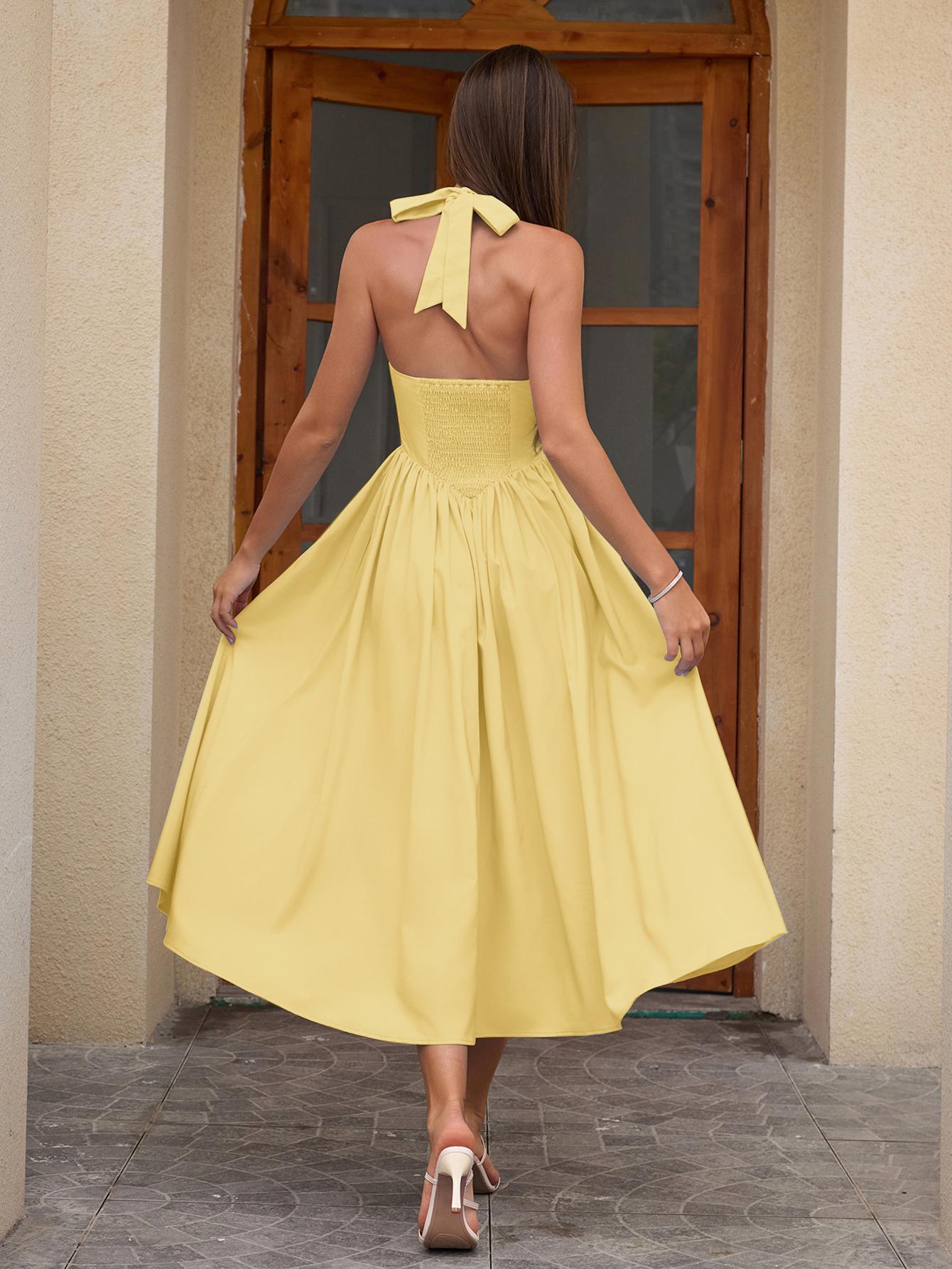 Halter Backless Smocking Tie A-line Dress, Elegant and Fashionable Party Date Dress