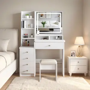 Vanity table with mirror,  compact dressing table set with LED lighted mirror, 5 drawers, multiple storage shelves, and a stool, a modern style makeup desk suitable for girls and petite women's bedrooms (white)