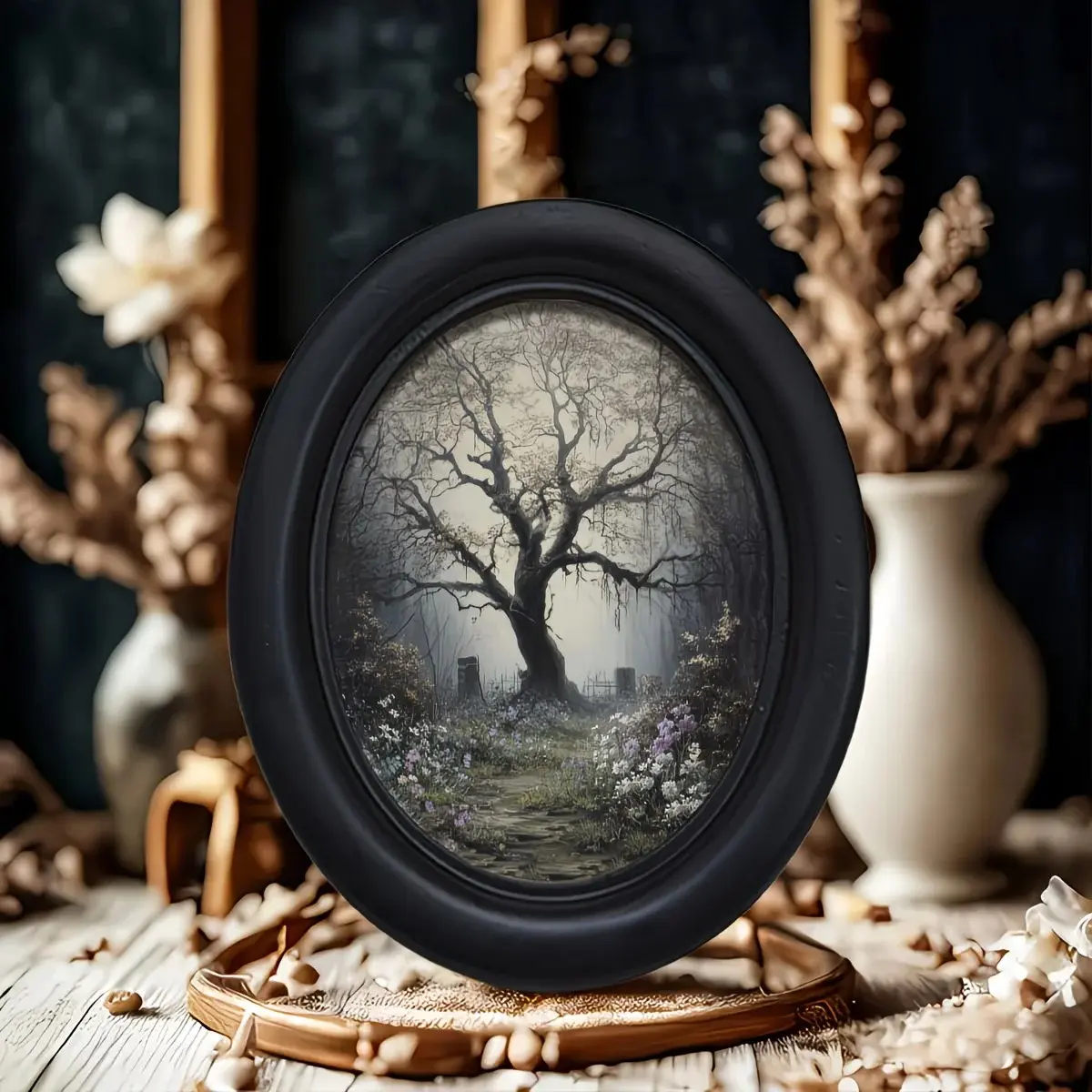 Handmade Oval Wooden Picture Frame, Rustic Farmhouse Wall Art, Gothic Tree & Cemetery Scene, Reusable Framed Decoration for Living Room Bedroom, Vintage Oval Frame, Photo Frame, Home Decoration