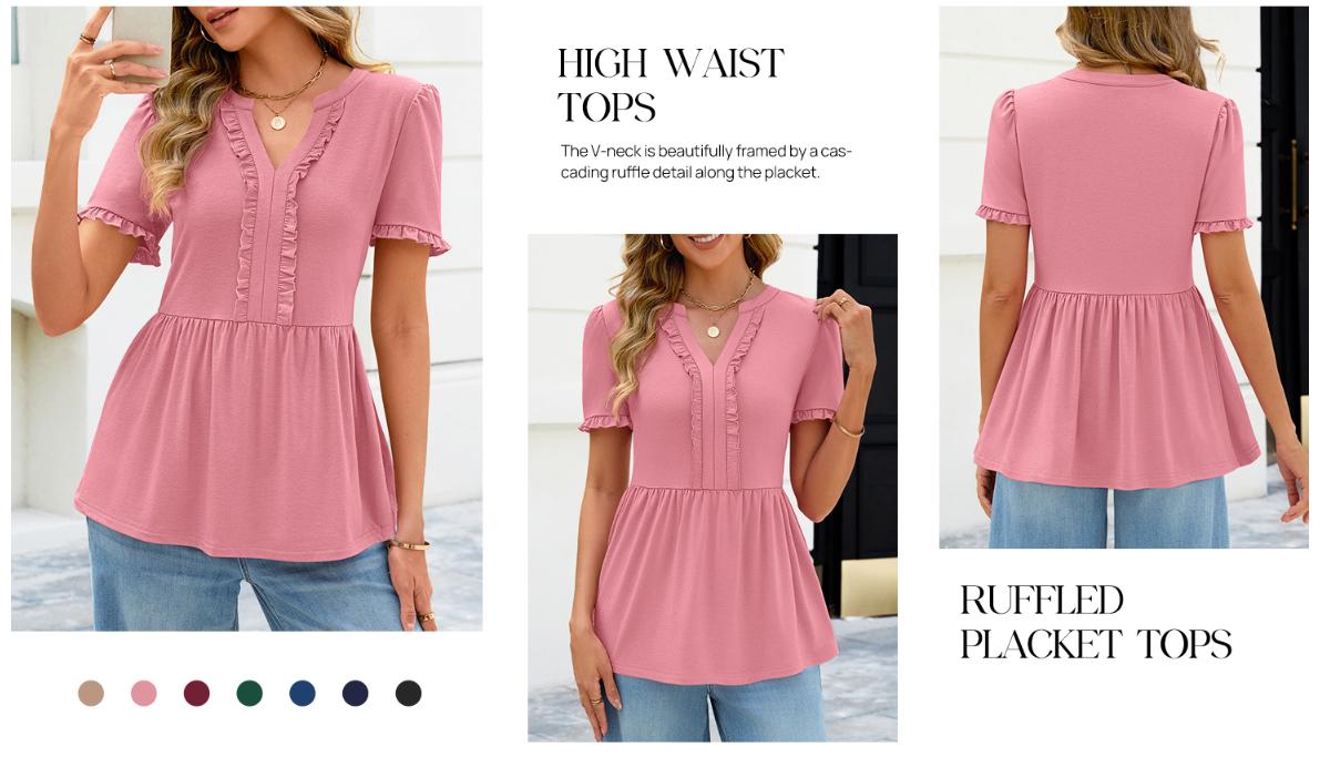 MEROKEETY Women's Summer Babydoll Tops 2026 Ruffle Short Sleeve V Neck T Shirts Casual Loose Peplum Tunic Blouse