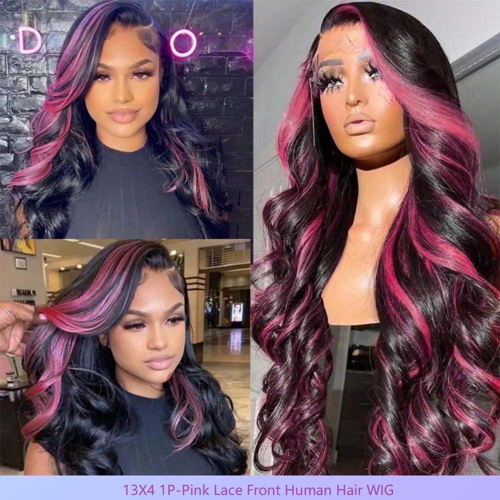 Ombre Lace Front Wig Human Hair Skunk Stripe Human Hair Wigs 13x6 Hd Lace Frontal Body Wave Highlight Pink Human Hair Wig Pink and Black Colored Wigs Human Hair 180%