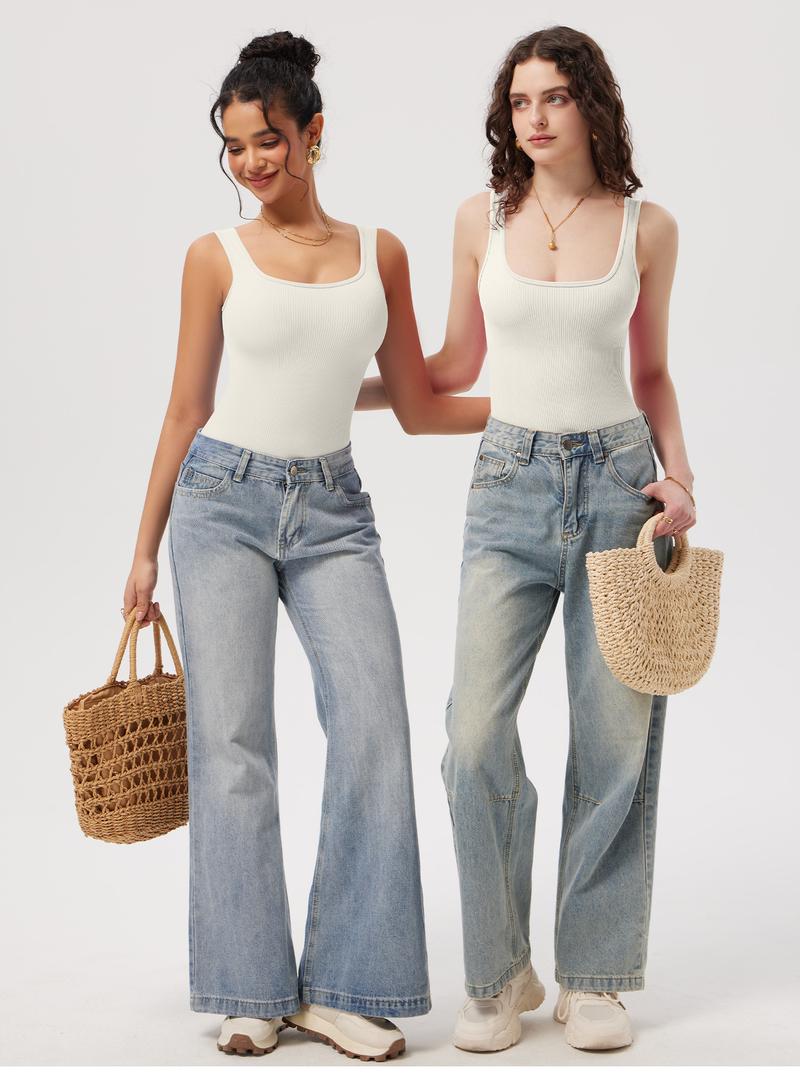 OQQfitness Women's Bodysuits Sexy Sleeveless Square Neck Tank Tops Summer Casual 2025 Trendy Outfits