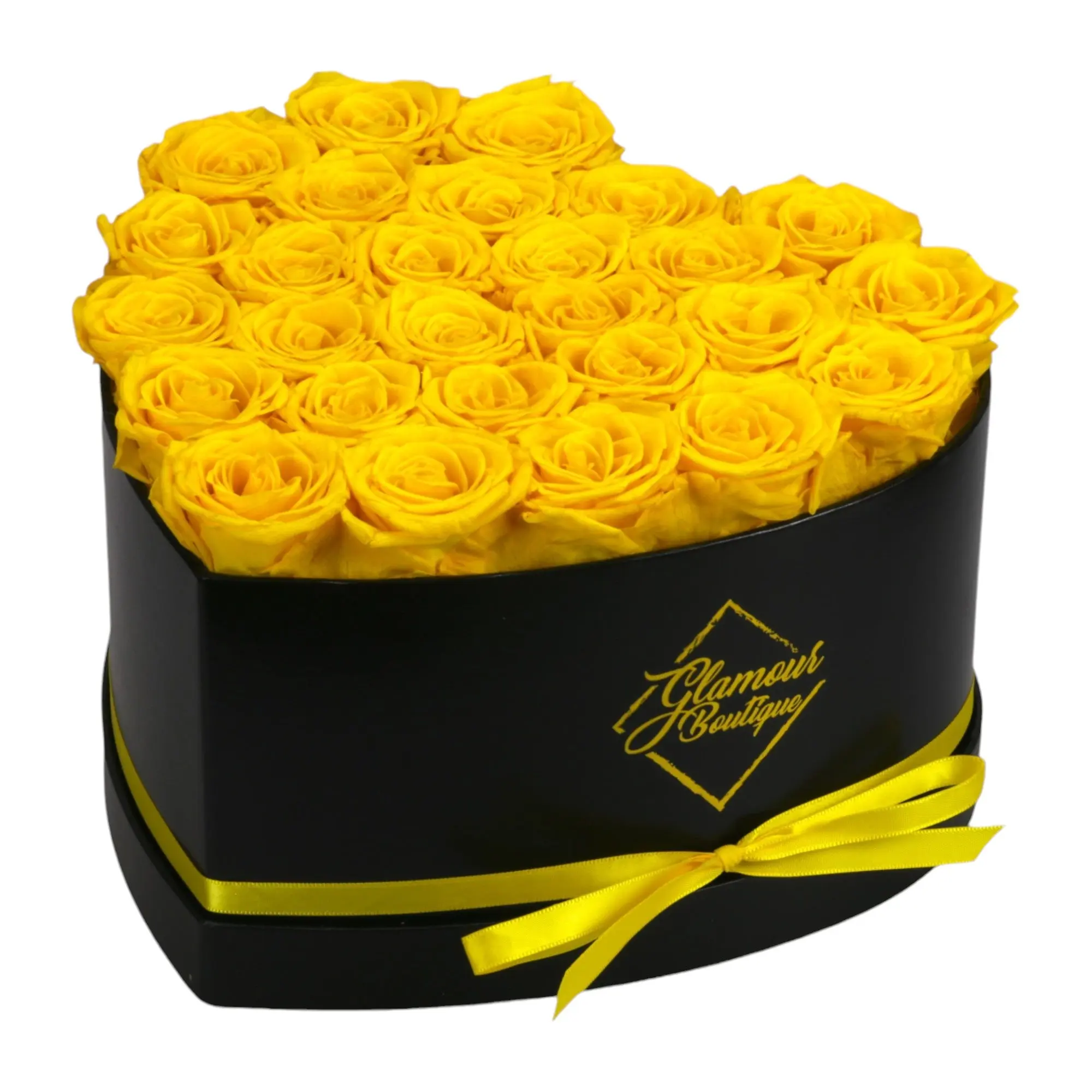 GLAMOUR BOUTIQUE Immortal Love Black Heart Bouquet Box - 27 Yellow Roses Decorative Arrangement for Birthday, Room Decor, Valentine's Day