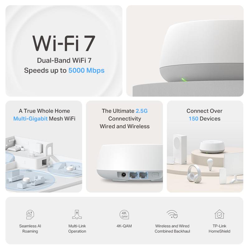 TP-Link Deco BE25 (3-Pack) Dual-Band BE5000 WiFi 7 Mesh Wi-Fi System | 4-Stream 5 Gbps, 240 Mhz | Covers up to 6,600 Sq.Ft | 2X 2.5G Ports Wired Backhaul | VPN,MLO, AI-Roaming, HomeShield,