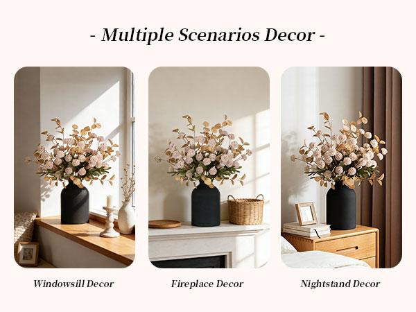 Fake Flowers in Vase for Centerpieces: Metal Vase with 12 Stems of Artificial Mums Kiku Flowers Eucalyptuses Home Table Decor - White Faux Pom Poms Floral Arrangements for Living Room