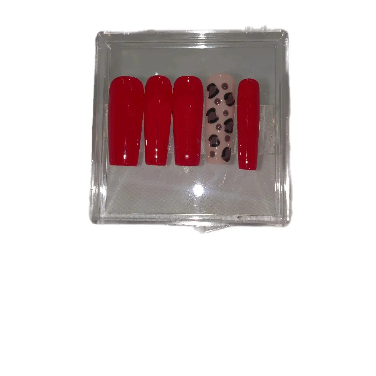Red Square and Cheetah Acrylic Nail Press On Set for Fashionable Manicure