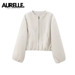 AURELLE Zip-Up Cropped Bomber Jacket - Casual, Soft and Relaxing, Crop - Solid Long Sleeve - Miss Brown Jacket