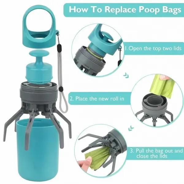 Portable No-Touch Pet Poop Scooper with Waste Bag Holder (6 Count) & Leak-Proof Container, Compact Design with Dispenser for Small to Large Dogs, Essential Outdoor Pet Supplies