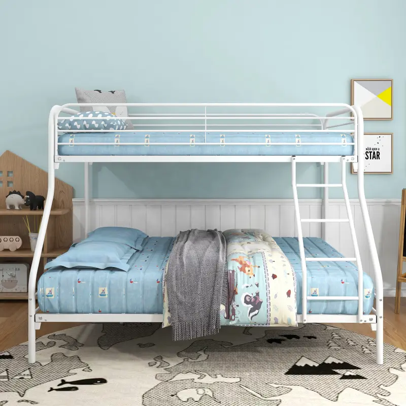 White Twin-Over-Full Heavy Duty Metal Bunk Bed - French Country Style, 77.95"l x 56.3"w x 58.66"h, 87.86 lbs, Enhanced Upper-Level Guardrails, Secure Lower Bunk 350 lbs Weight Capacity, Easy Assembly Required, No Fire Safety Label