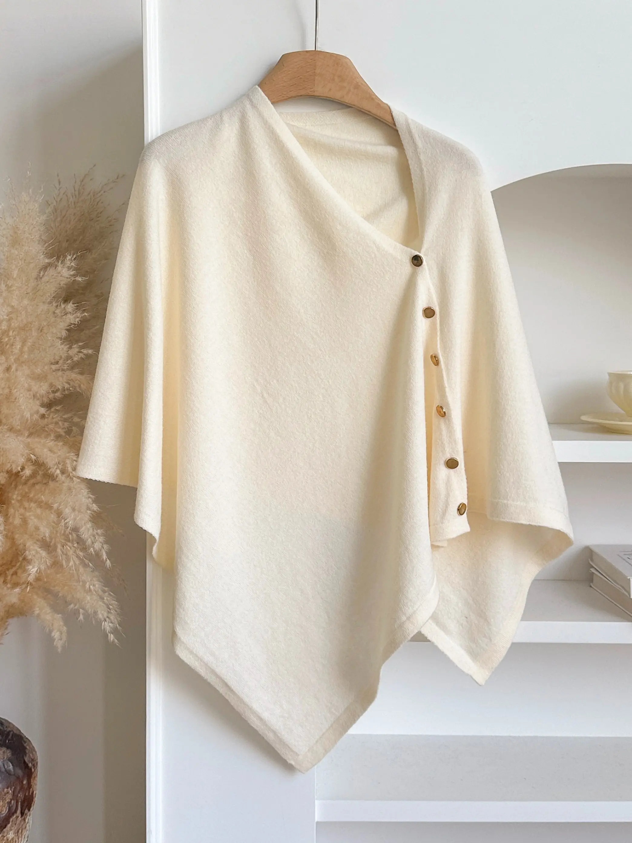 Women's Versatile Knitted Shawls Scarf Poncho Sweater, Lightweight Buttoned Design, Perfect for Spring Summer Fall, Casual Plain Style