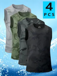 Men’s 4-Pack Summer Camouflage Sleeveless Tank Tops, Suitable for Fitness, Running, and Sports