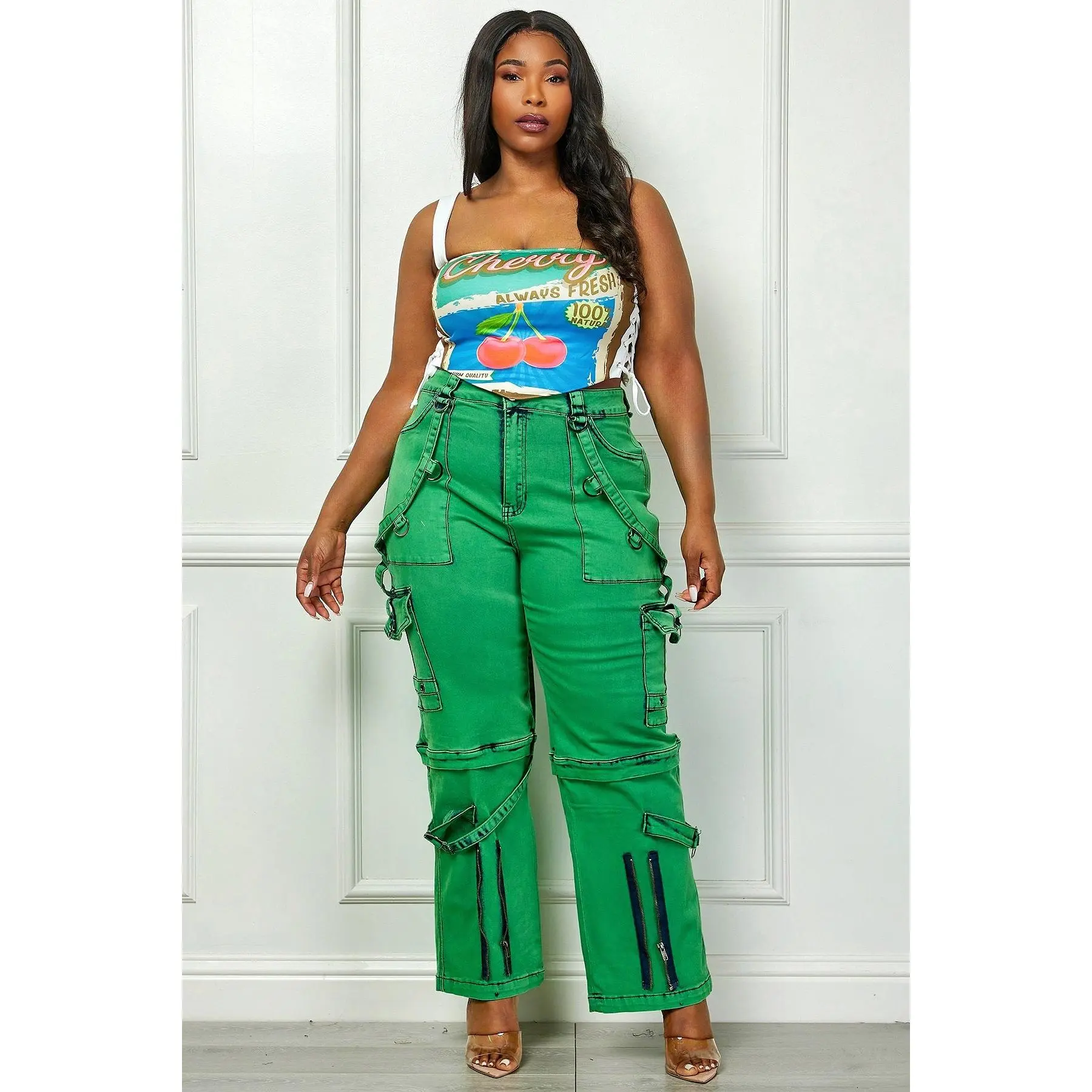 Oh So Crafty Utility Cargo Plus Size Denim Pants - Green