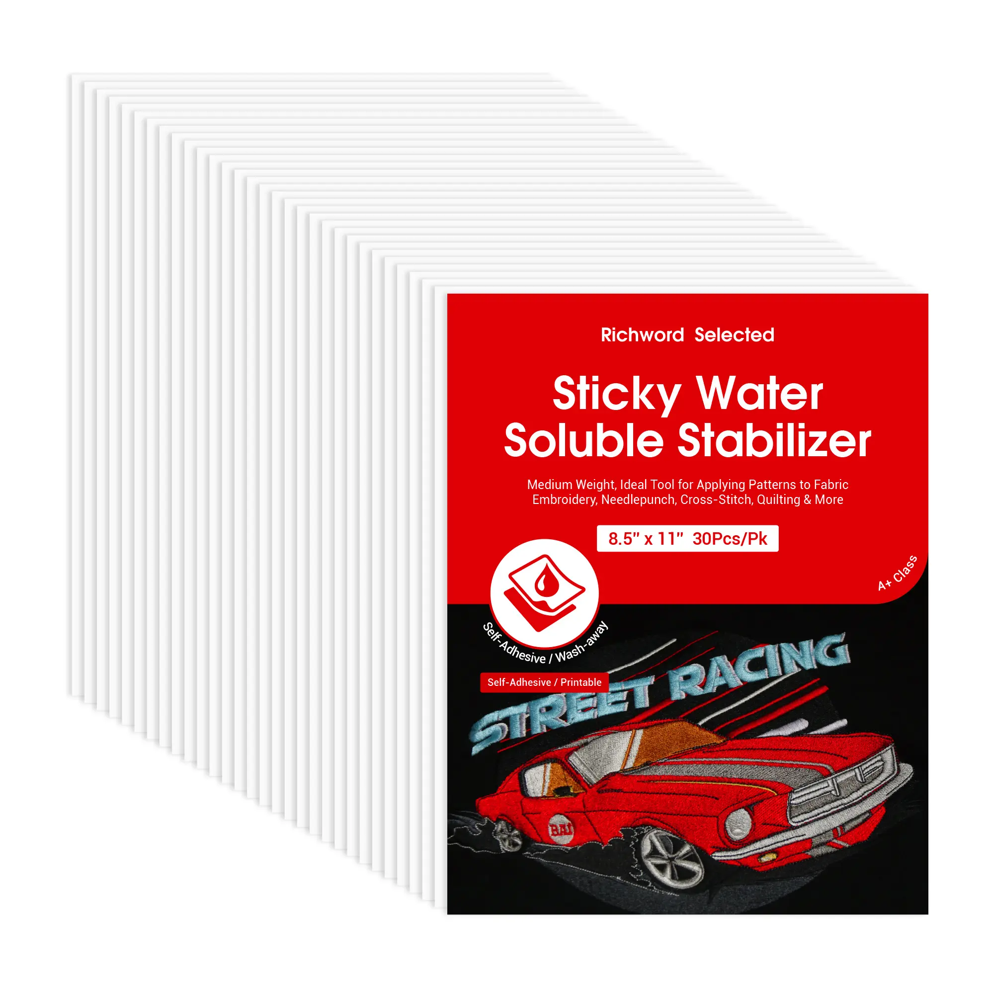 BAI Sticky Water Soluble Embroidery Stabilizer Sheets - Self-Adhesive Backing, Printable Clean Wash-Away, for Fabric Embroidery on Hard-To-Hoop Fabrics, Machine & Hand Use