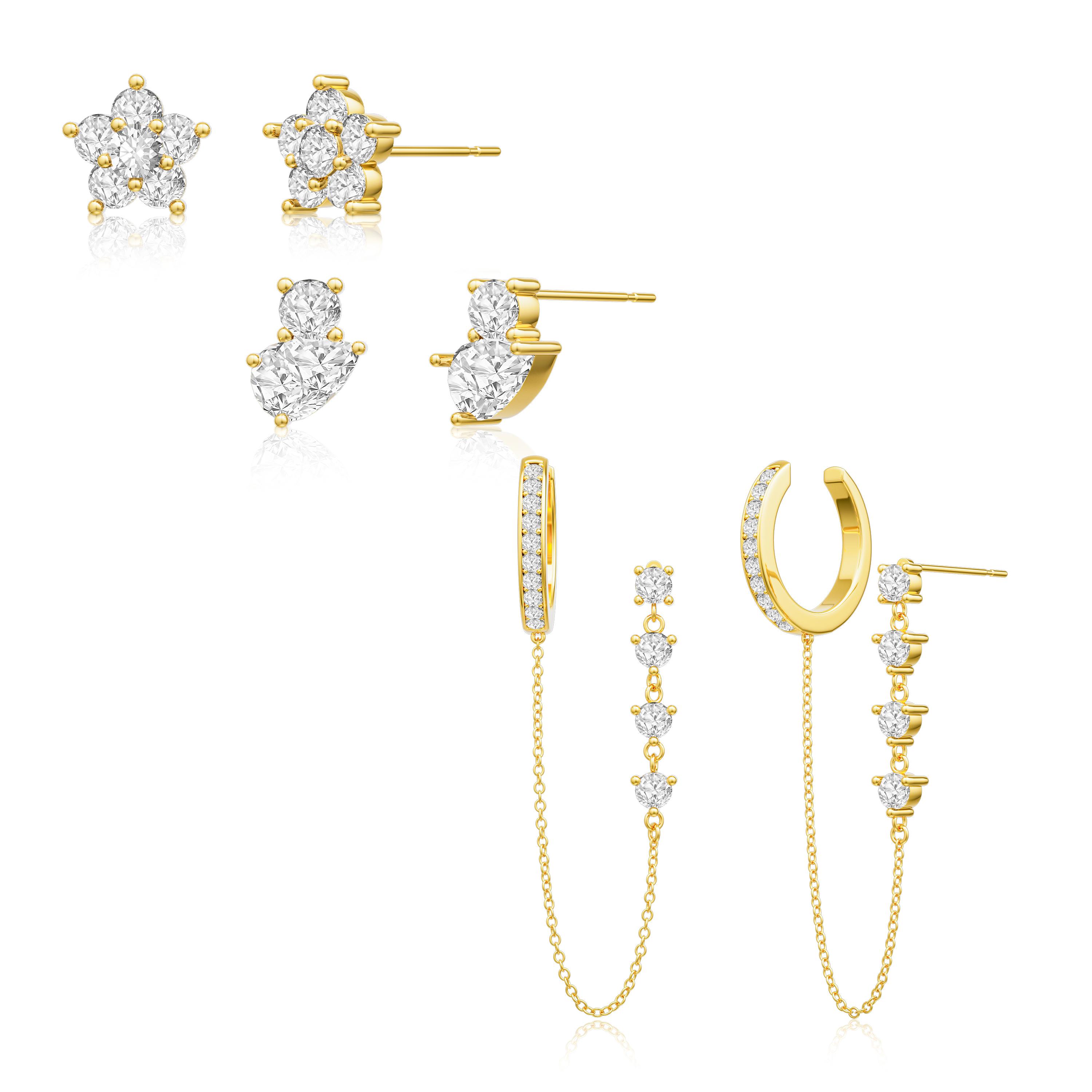 Tewiky 14K Gold Plated Four Pairs of Earrings Cubic Zirconia Flower Studs Asymmetrical Spaced Hoop Ear Cuff Gift for Valentine's Day