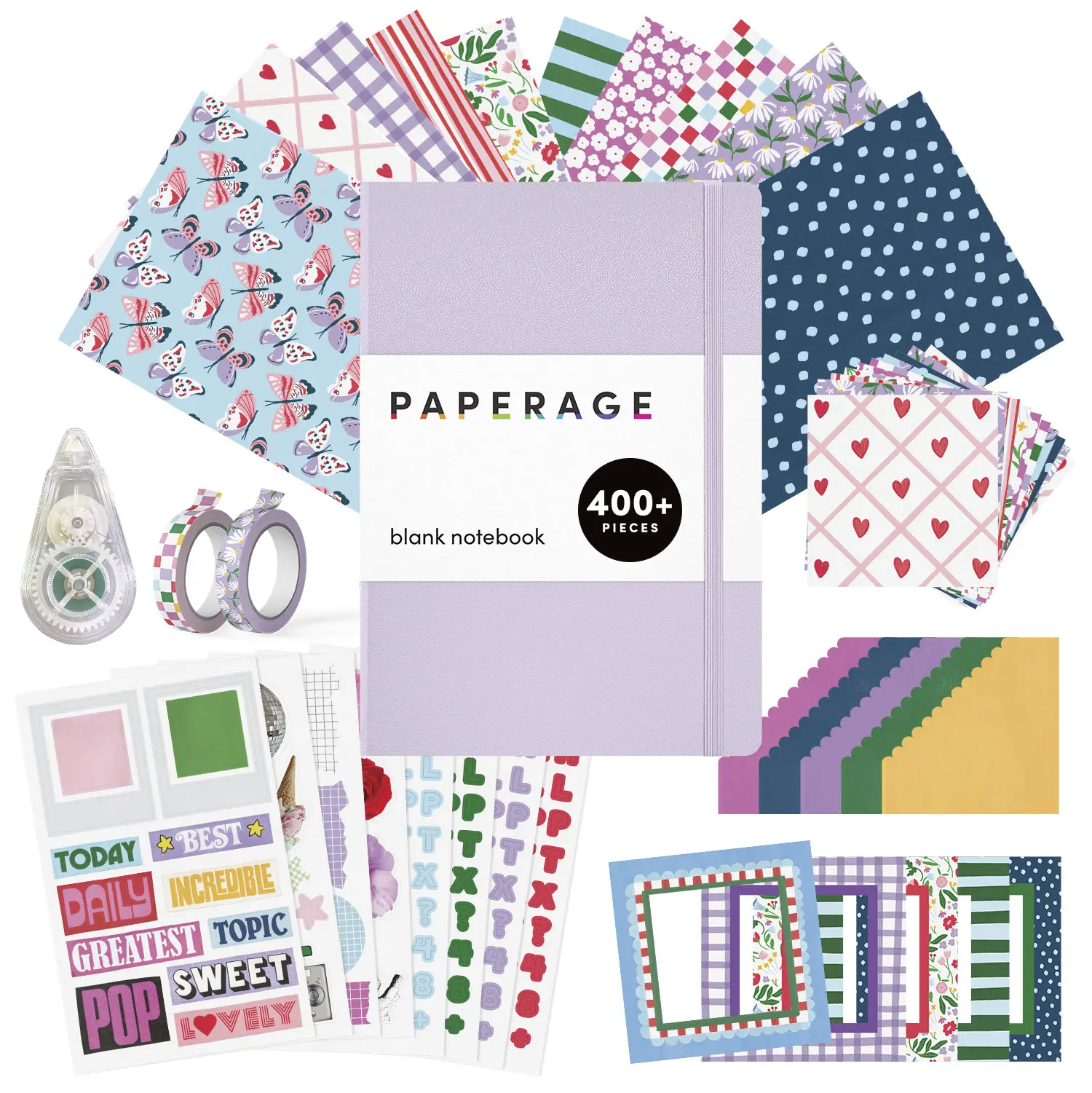 PAPERAGE Junk Journal Notebook & Scrapbooking Kit, Complete Journaling Supplies Set Including Blank Journal Notebook, Sticker Sheets, Washi Tapes, Patterned Decorative Papers & Tape Roller.