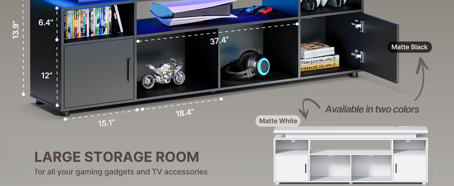 SUNCOZE TV Stand, Entertainment Center with LED Lights and Cabinet for 70/75/80 Inch TV, Modern TV Console Gaming Media Television Stands with Power Outlets for PS5 in Living Room and Bedroom