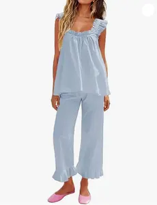 KFUBUO Womens Pajamas Set 2 Piece Ruffle Pj Soft Tank Top and Long Pants Lounge Set with Pockets Women Loungewear Set