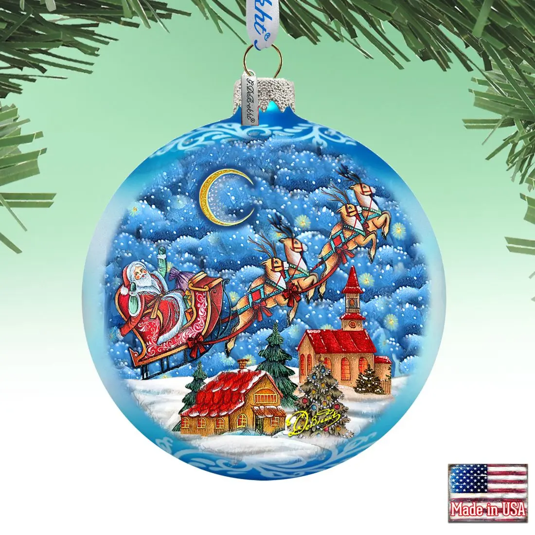 G.DeBrekht 73904 Painting Decor Glass Ornaments, 5x5.5 in Sleighing in the Night Skies Design, Satin-Wrapped Tree Decor with Storage Boxes